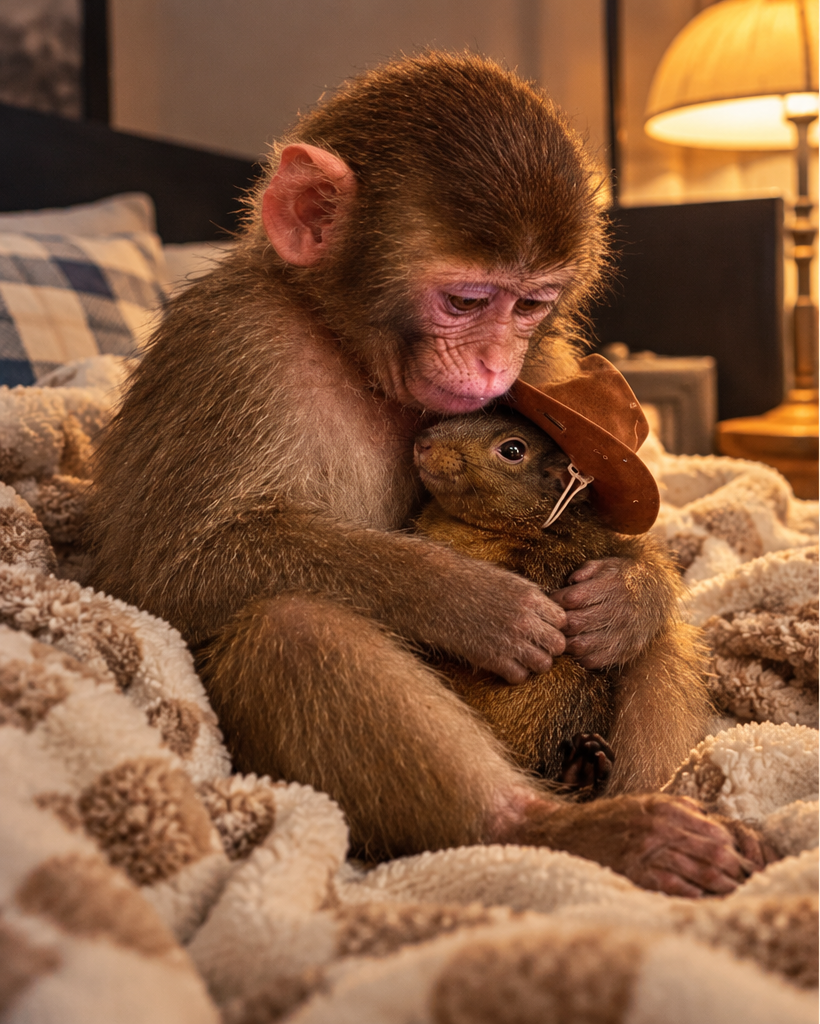 APEANUT resting with a tiny cowboy-hatted companion
