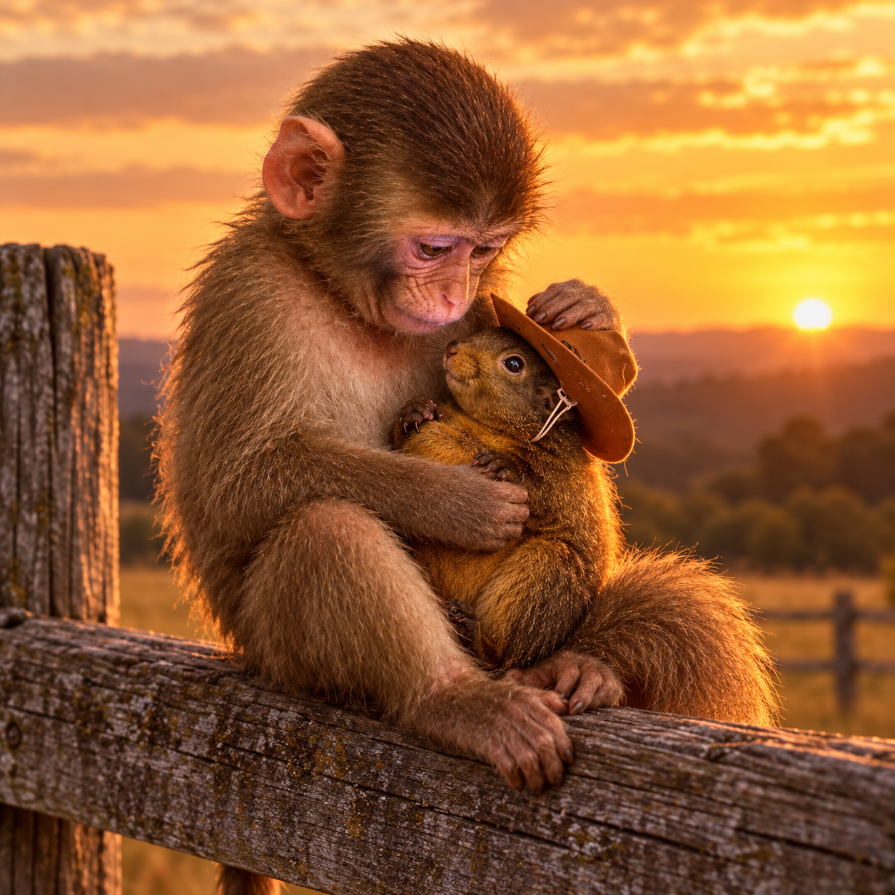 APEANUT watching the sunset with a cowboy-hatted companion